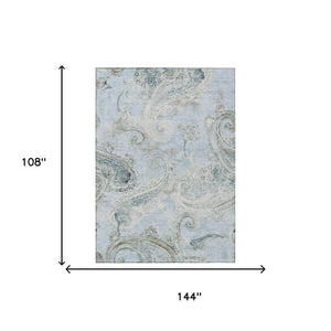 9 X 12 Sky Blue Paisley Polyester Area Rug Stain Resistant Indoor Outdoor Use