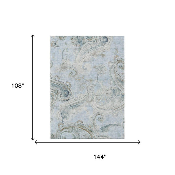 9 X 12 Sky Blue Paisley Polyester Area Rug Stain Resistant Indoor Outdoor Use