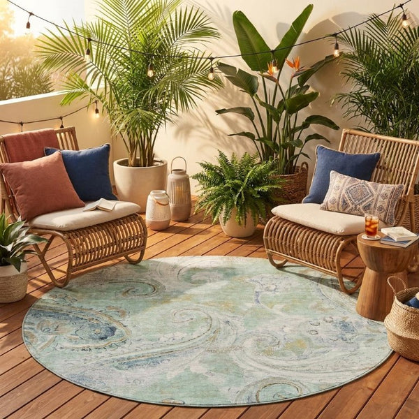8 Ft Round Paisley Polyester Area Rug Washable Stain Resistant for Patio or Home