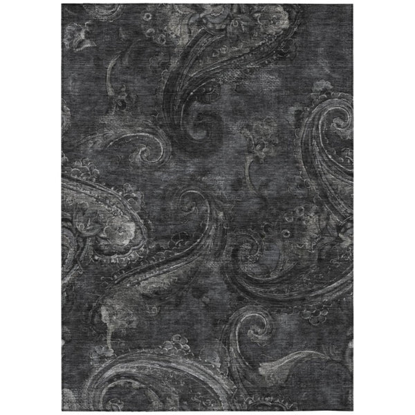 HomeRoots 5x8 Charcoal Gray Paisley Polyester Area Rug Washable Stain Resistant Patio 740035