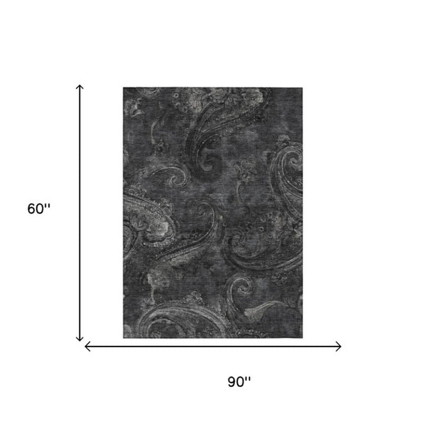 5x8 Charcoal Gray Paisley Polyester Area Rug Washable Stain Resistant Patio