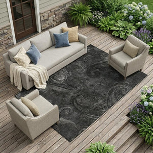 9 X 12 Charcoal Gray Paisley Polyester Area Rug Stain Resistant Indoor Outdoor