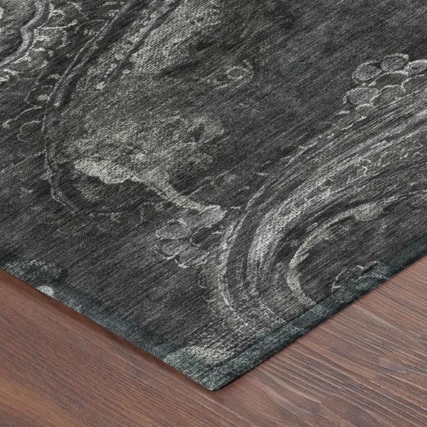 9 X 12 Charcoal Gray Paisley Polyester Area Rug Stain Resistant Indoor Outdoor