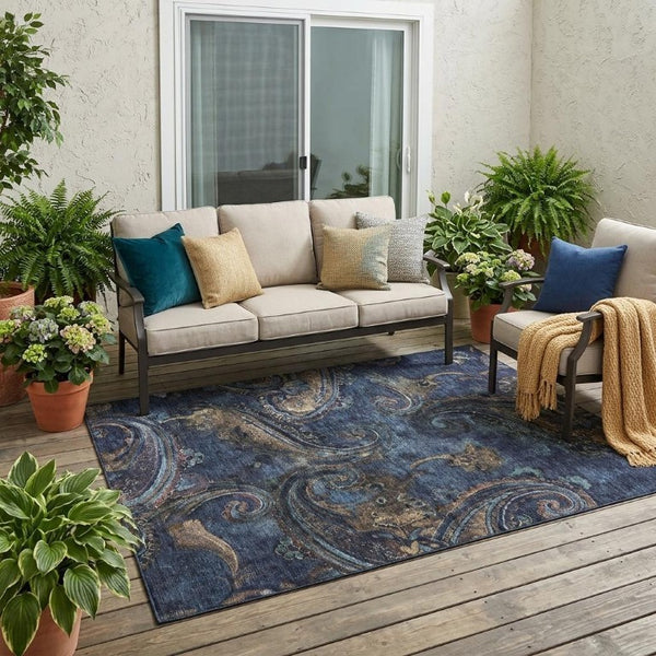 5x8 Navy Paisley Polyester Area Rug Washable Stain Resistant Indoor Outdoor Use
