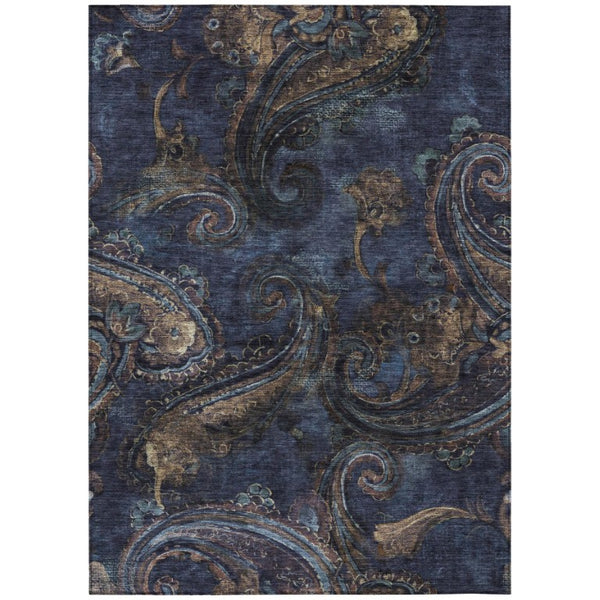 HomeRoots 5x8 Navy Paisley Polyester Area Rug Washable Stain Resistant Indoor Outdoor Use 740047