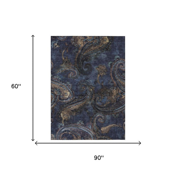 5x8 Navy Paisley Polyester Area Rug Washable Stain Resistant Indoor Outdoor Use