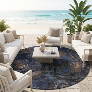 8 Ft Round Paisley Polyester Area Rug Washable Stain Resistant Indoor Outdoor Navy