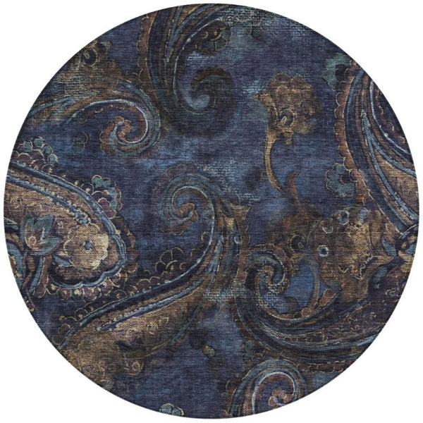 HomeRoots 8 Ft Round Paisley Polyester Area Rug Washable Stain Resistant Indoor Outdoor Navy 740048
