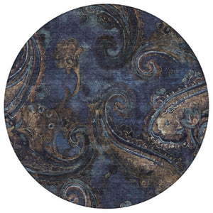 8 Ft Round Paisley Polyester Area Rug Washable Stain Resistant Indoor Outdoor Navy