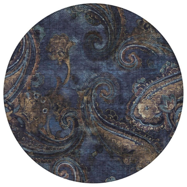 8 Ft Round Paisley Polyester Area Rug Washable Stain Resistant Indoor Outdoor Navy