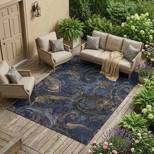 10 X 14 Navy Paisley Polyester Area Rug Washable Stain Resistant Indoor Outdoor