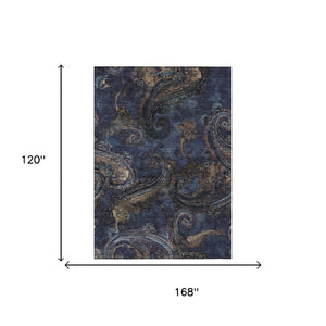 10 X 14 Navy Paisley Polyester Area Rug Washable Stain Resistant Indoor Outdoor