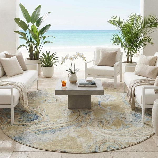 8 Ft Round Paisley Polyester Area Rug Washable Indoor Outdoor for Patio or Family Room