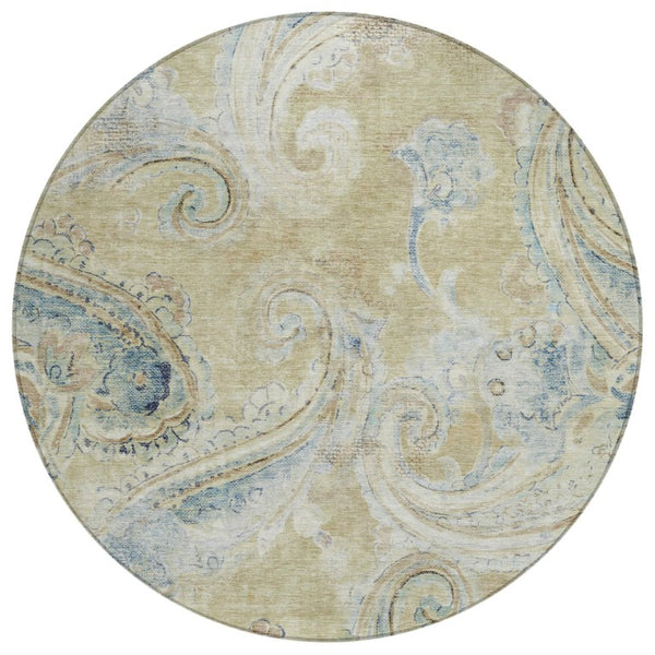 HomeRoots 8 Ft Round Paisley Polyester Area Rug Washable Indoor Outdoor for Patio or Family Room 740054