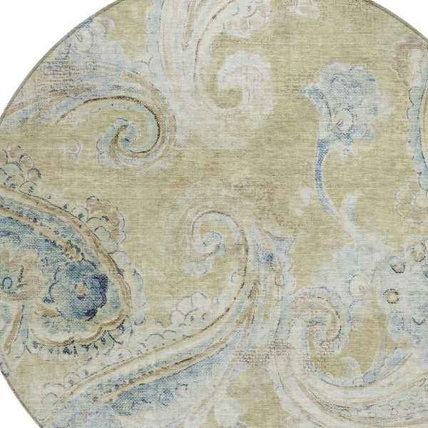 8 Ft Round Paisley Polyester Area Rug Washable Indoor Outdoor for Patio or Family Room