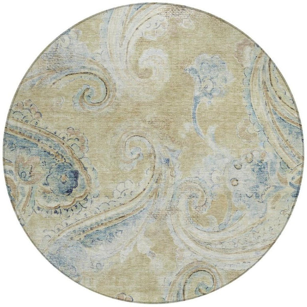 8 Ft Round Paisley Polyester Area Rug Washable Indoor Outdoor for Patio or Family Room