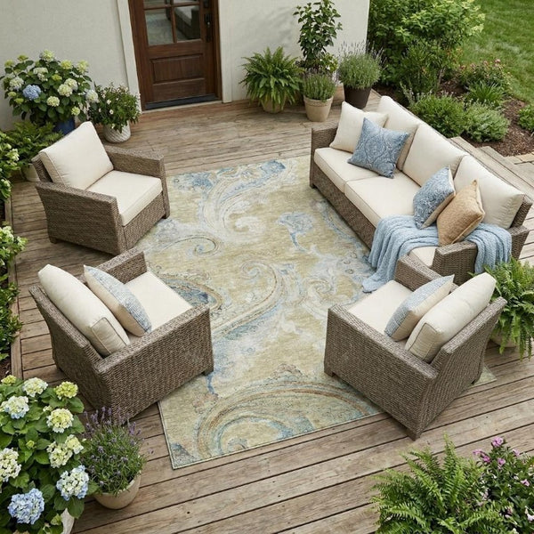 8x10 Wheat Gold Paisley Polyester Area Rug Washable for Indoor Outdoor Spaces