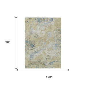 8x10 Wheat Gold Paisley Polyester Area Rug Washable for Indoor Outdoor Spaces