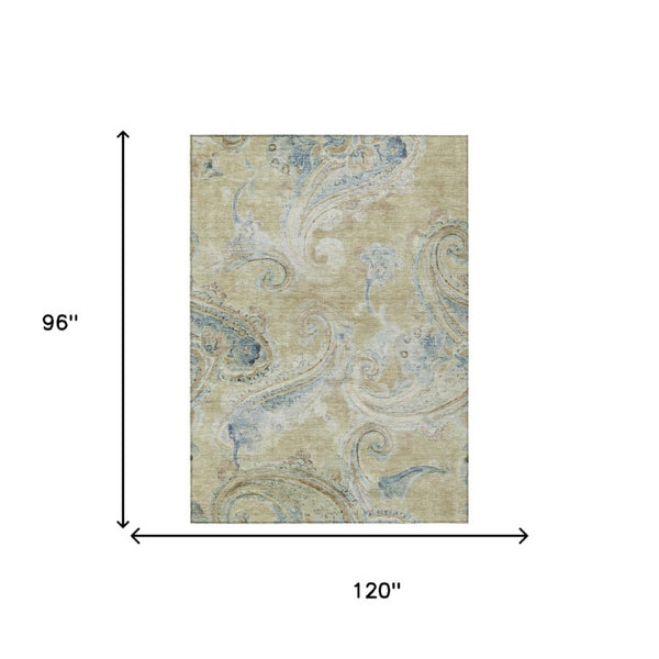 8x10 Wheat Gold Paisley Polyester Area Rug Washable for Indoor Outdoor Spaces