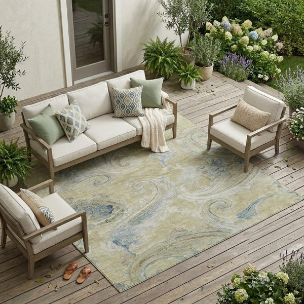 9x12 Wheat Gold Paisley Polyester Area Rug Stain Resistant Indoor Outdoor Use