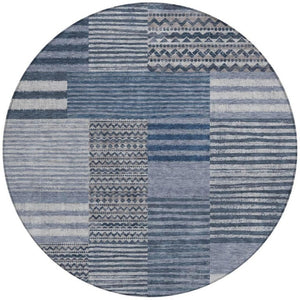 HomeRoots 8 Ft Round Striped Polyester Area Rug Washable Blue Gray Indoor Outdoor Use 740067