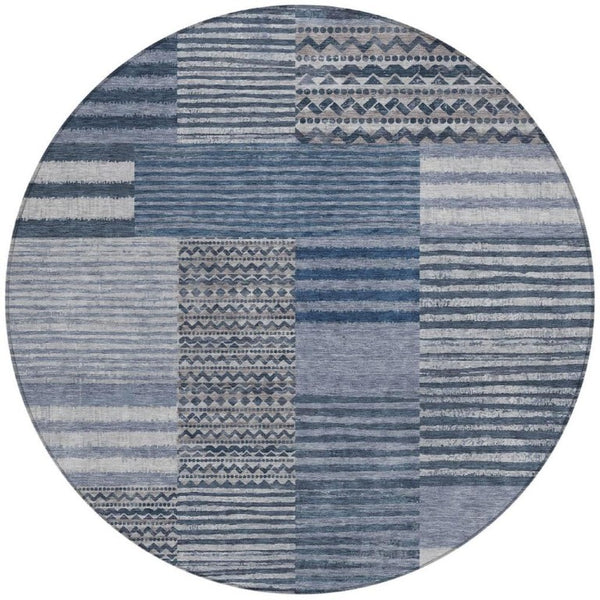 HomeRoots 8 Ft Round Striped Polyester Area Rug Washable Blue Gray Indoor Outdoor Use 740067