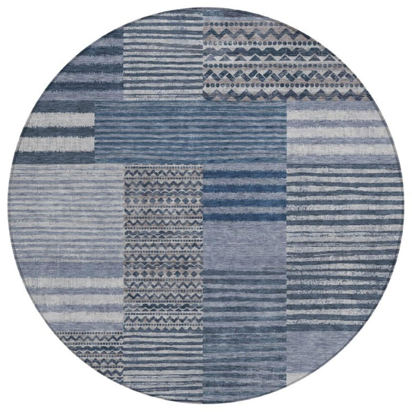 8 Ft Round Striped Polyester Area Rug Washable Blue Gray Indoor Outdoor Use