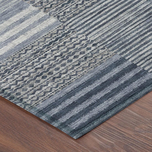 8 Ft Round Striped Polyester Area Rug Washable Blue Gray Indoor Outdoor Use