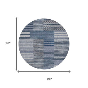 8 Ft Round Striped Polyester Area Rug Washable Blue Gray Indoor Outdoor Use