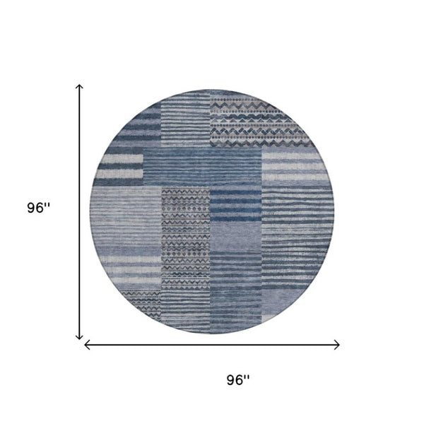 8 Ft Round Striped Polyester Area Rug Washable Blue Gray Indoor Outdoor Use