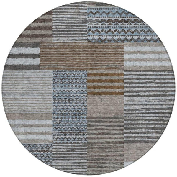 HomeRoots 8 Ft Round Striped Polyester Area Rug Stain Resistant for Patio or Family Room 740073