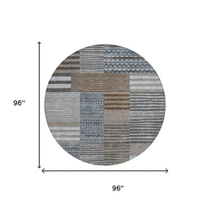 8 Ft Round Striped Polyester Area Rug Stain Resistant for Patio or Family Room