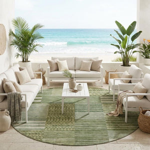 8 Ft Round Striped Polyester Area Rug Washable for Patio Porch and Family Room