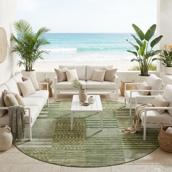 8 Ft Round Striped Polyester Area Rug Washable for Patio Porch and Family Room