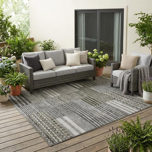 5x8 Pewter Gray Stripe Polyester Area Rug Washable Stain Resistant Indoor Outdoor Use