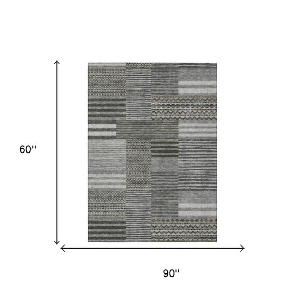 5x8 Pewter Gray Stripe Polyester Area Rug Washable Stain Resistant Indoor Outdoor Use