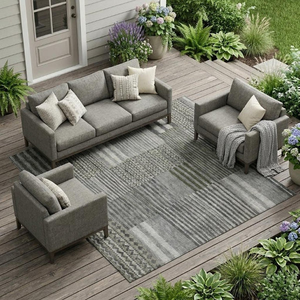9 X 12 Pewter Gray Stripe Polyester Area Rug Washable Stain Resistant Indoor Outdoor
