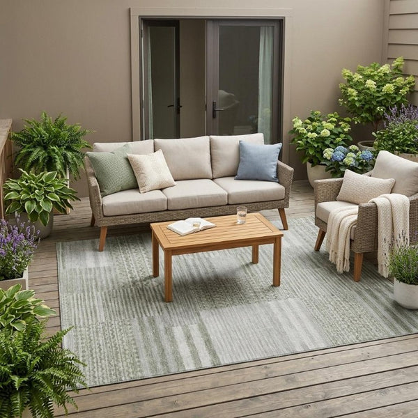 5 X 8 Sage Green Striped Polyester Area Rug Washable for Indoor Outdoor Spaces