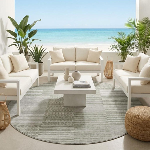 8 Foot Round Striped Sage Polyester Rug Stain Resistant for Indoor Outdoor Use
