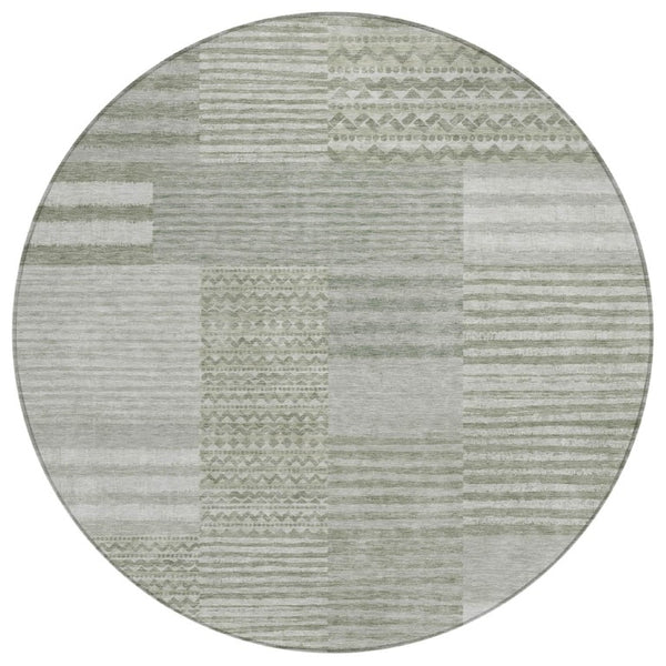 HomeRoots 8 Foot Round Striped Sage Polyester Rug Stain Resistant for Indoor Outdoor Use 740091