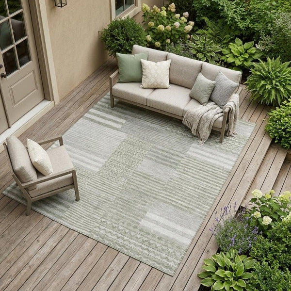 9 X 12 Sage Green Stripe Washable Polyester Indoor Outdoor Rug for Patio or Living Room