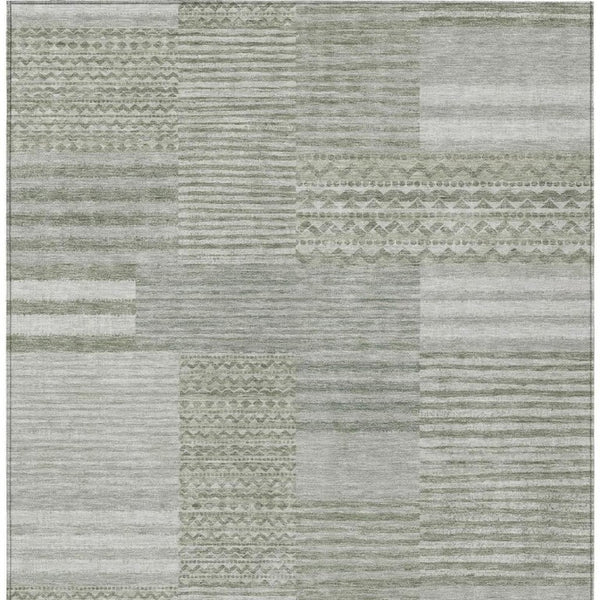 9 X 12 Sage Green Stripe Washable Polyester Indoor Outdoor Rug for Patio or Living Room