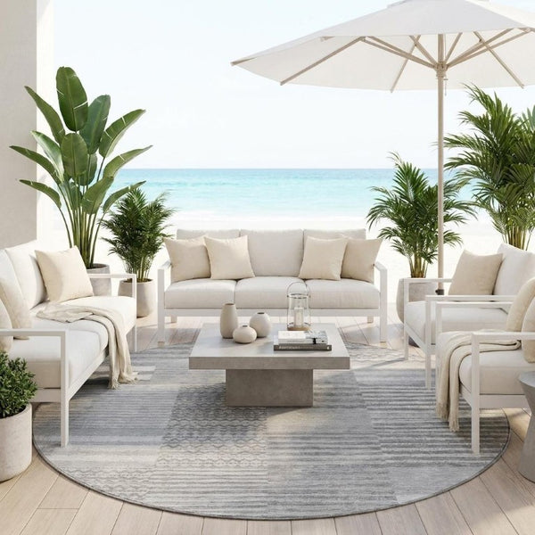 8 Ft Round Striped Polyester Area Rug Washable Stain Resistant Indoor Outdoor Patio