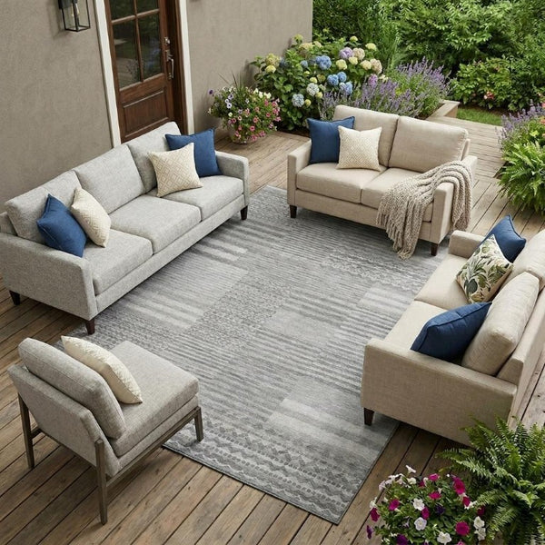 8x10 Silver Gray Stripe Polyester Area Rug Washable for Indoor Outdoor Spaces