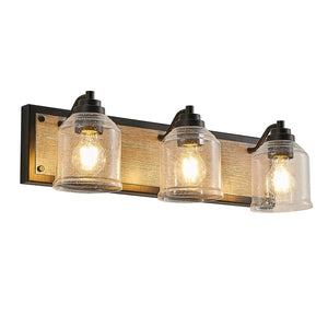 English Elm 23" Farmhouse Vanity Light Fixture – 3-Light Industrial Wall Sconce with Clear Seeded Glass, Black Woodgrain Finish W2312P374826
