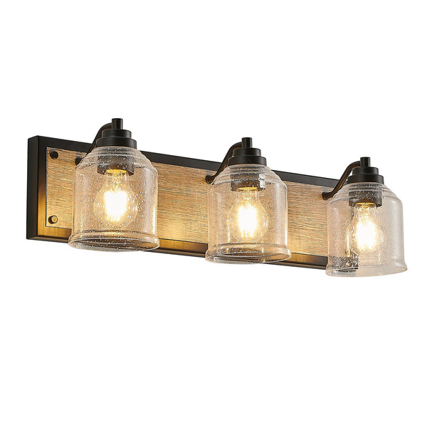 English Elm 23" Farmhouse Vanity Light Fixture – 3-Light Industrial Wall Sconce with Clear Seeded Glass, Black Woodgrain Finish W2312P374826