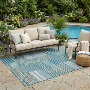 5 X 8 Teal Pewter Stripe Polyester Indoor Outdoor Rug Stain Resistant Washable