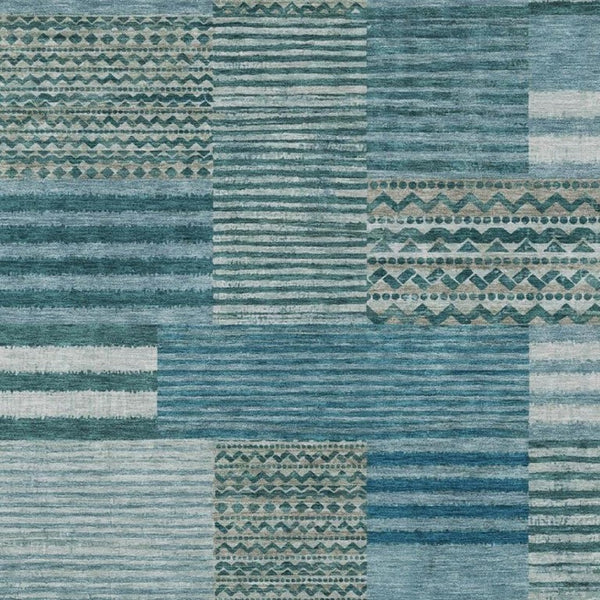 5 X 8 Teal Pewter Stripe Polyester Indoor Outdoor Rug Stain Resistant Washable