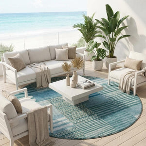 8 Foot Round Striped Teal Pewter Polyester Washable Rug for Patio or Family Room