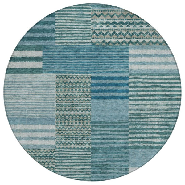 HomeRoots 8 Foot Round Striped Teal Pewter Polyester Washable Rug for Patio or Family Room 740103